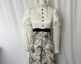 1960s Long Sleeve Maxi Dress with Paisley Print Skirt