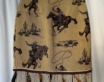 Vintage Western Print Skirt with Fringe