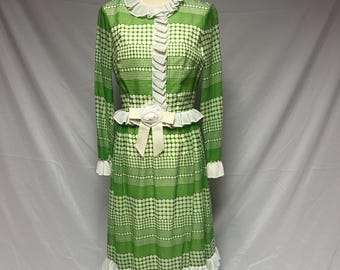 Vintage Miss Elliette CA Green and White Polka Dot Dress