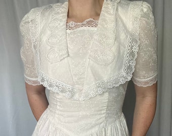 Vintage Gunne Sax by Jessica McClintock Blush Short Sleeve Midi with White Bow and Floral Detail