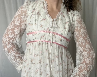 1970s Floral Prairie Dress, Lace Sleeves, Pink Ribbon Trim