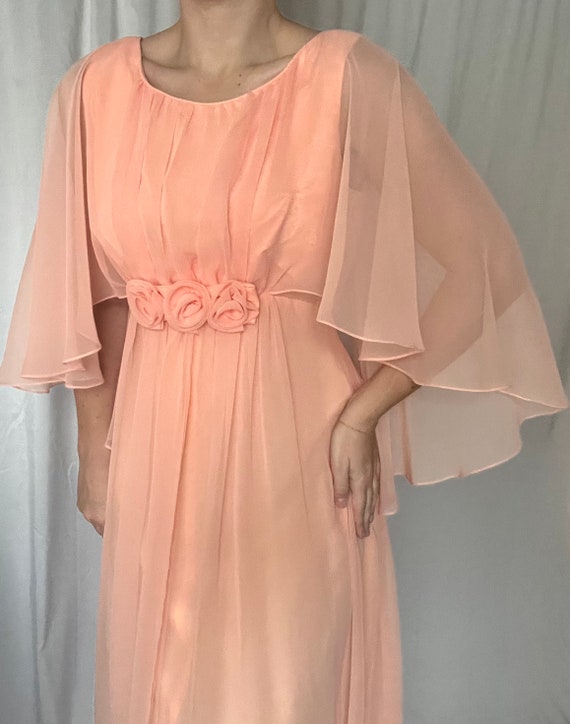 1960s Pastel Orange Dress With Sheer Cape Gem