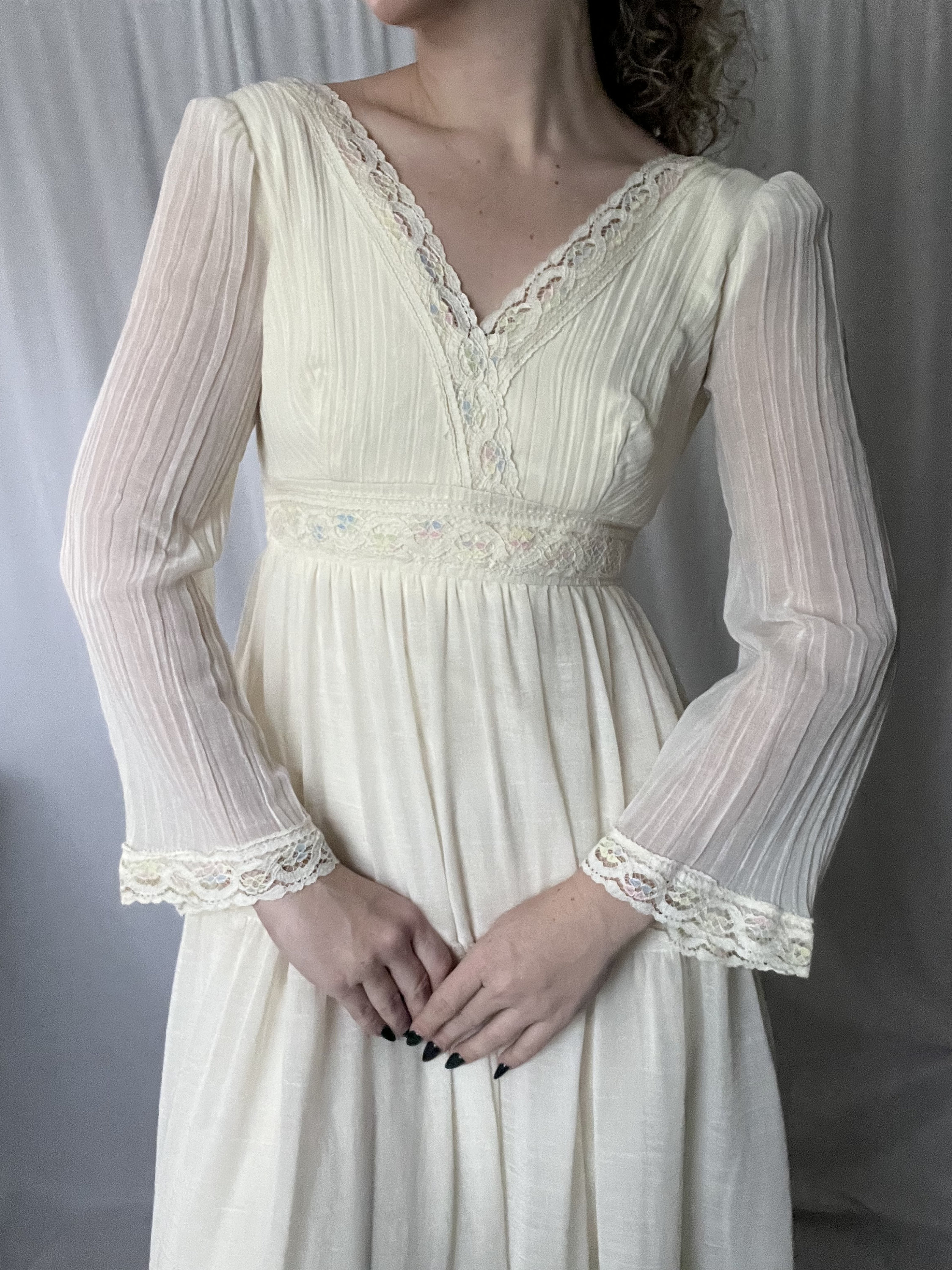 Vintage 1970s Union Made Nadine Ivory Prairie Dress With