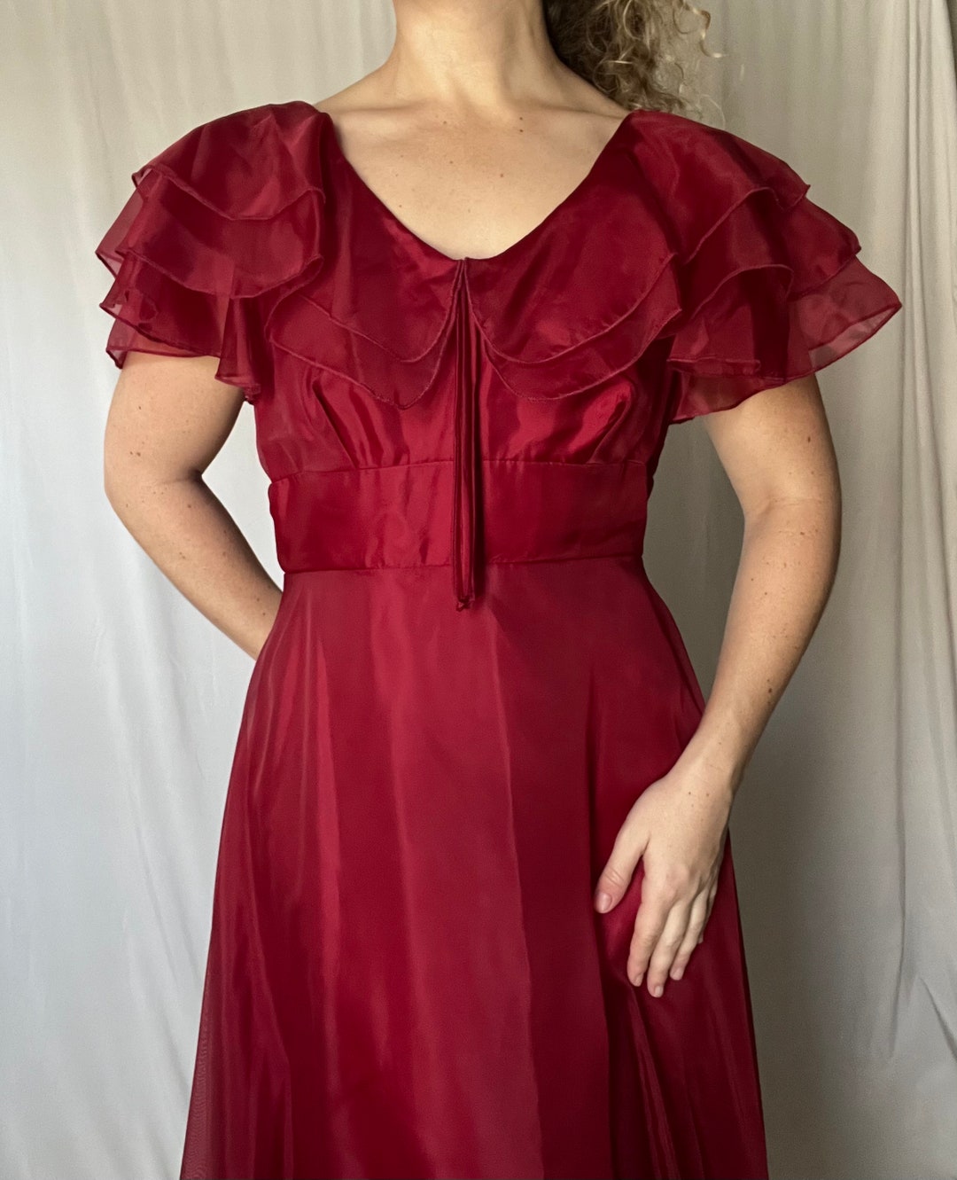 Vintage Jcpenney Fashions Maxi Red Formal Dress With Ruffle Neckline Etsy