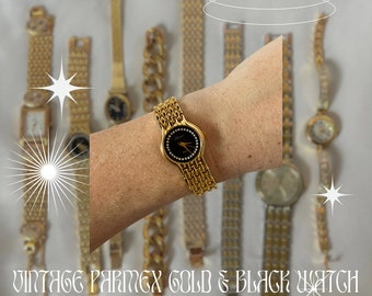 Vintage Women's Parmex Quartz Gold Watch with Black and Diamante Face