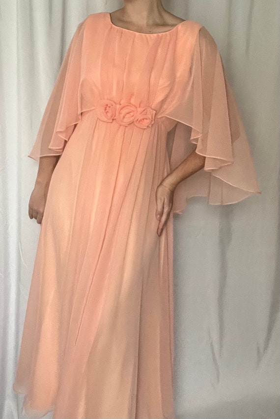 1960s Pastel Orange Dress With Sheer Cape Gem