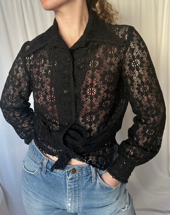Vintage Black Long Sleeve Lace Button Up Blouse