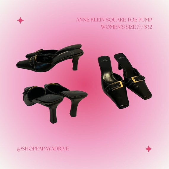 Y2K Anne Klein Black Square Toe Pump with Gold Bu… - image 1