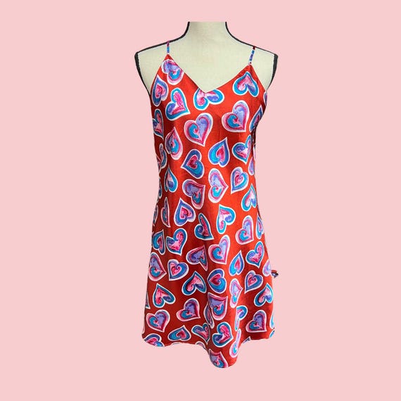 red heart slip dress SweetSlumber Elegant Wedding Summer Slip Dress,Red And White Heart Glitter Pattern Asymmetrical Hem Ruffle Dress For Young Women Sleep Lingerie