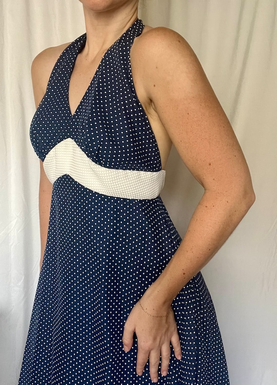 Navy Halter Dress with White Polka Dots