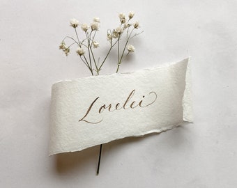 Calligraphy Wedding Place Cards - Deckled Edge Handmade Paper Scroll