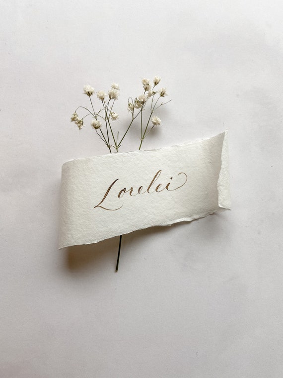 Calligraphy Wedding Place Cards - Deckled Edge Handmade Paper Scroll