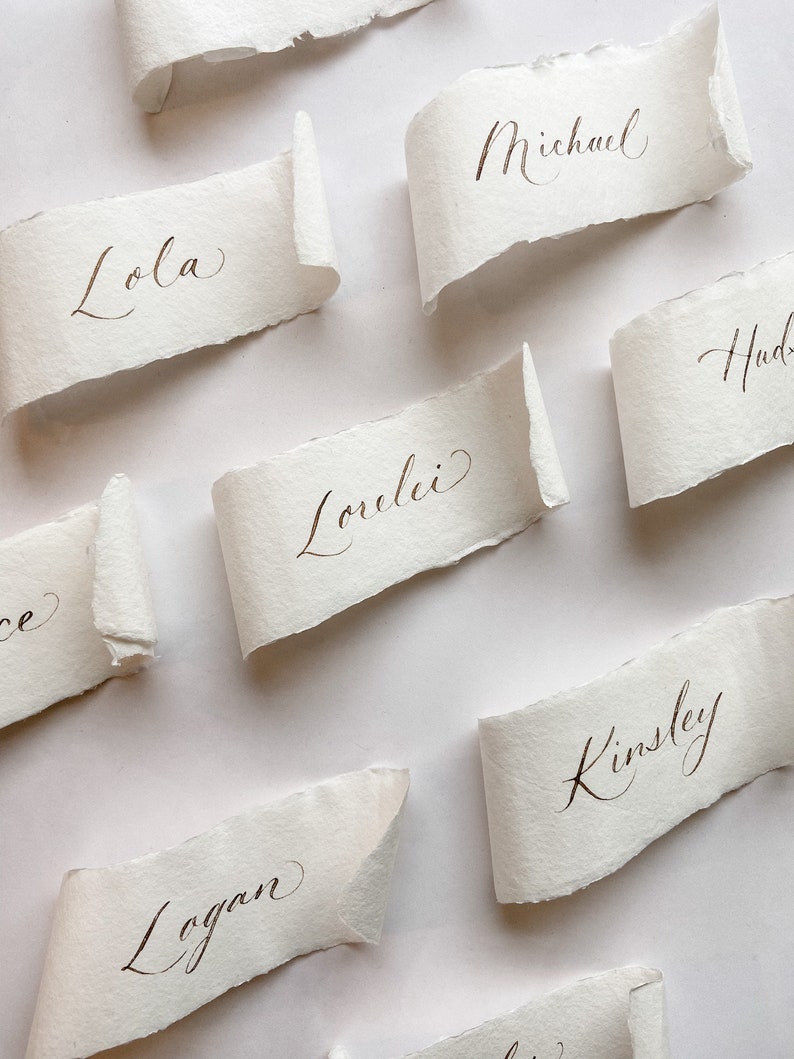 Calligraphy Wedding Place Cards Deckled Edge Handmade Paper Scroll image 2