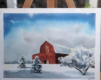 Barn in the Snow; Original 9x12 Watercolor Painting