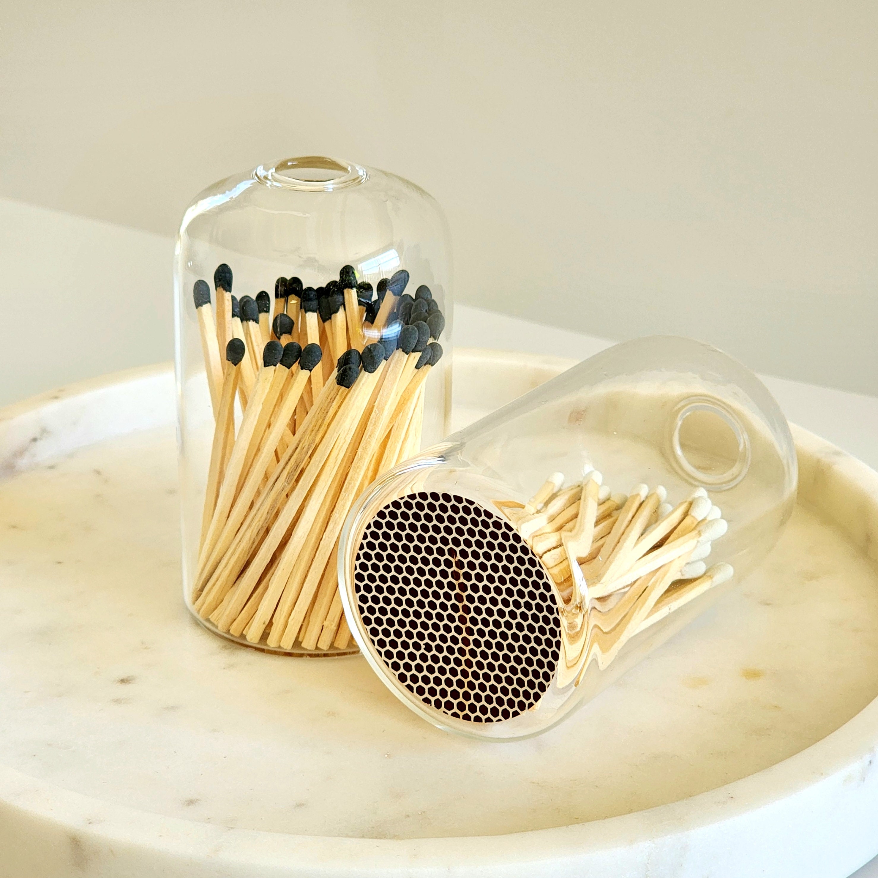 Small Glass Cloche With White Matches Match Vessel Match Jar Glass Match Bottle Minimalist Decor