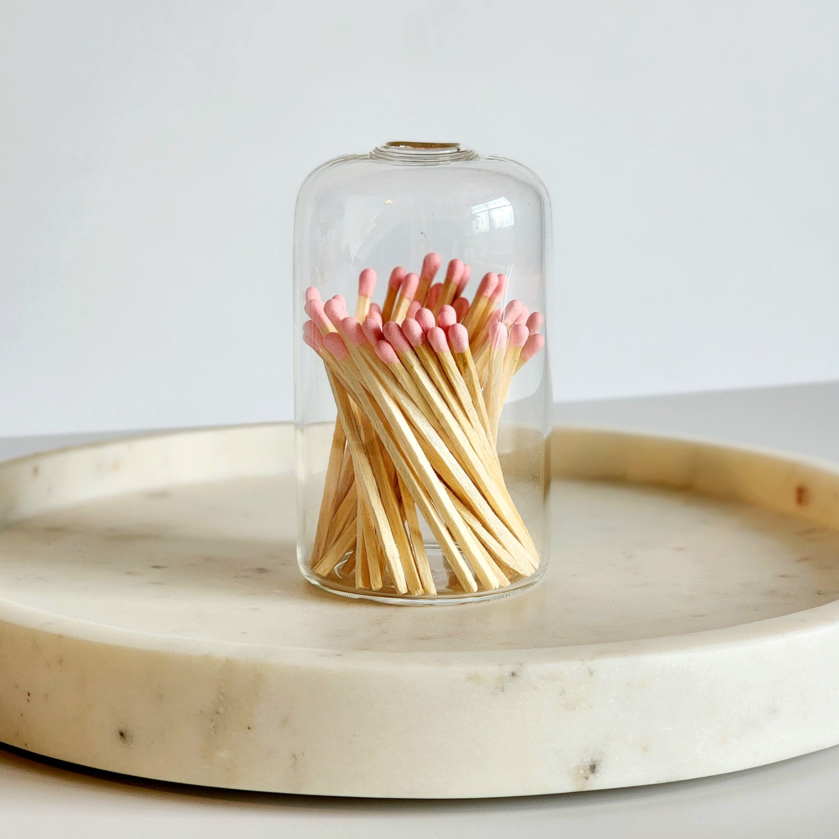 Small Glass Cloche With Pink Matches Valentines Gift Match Vessel Gift