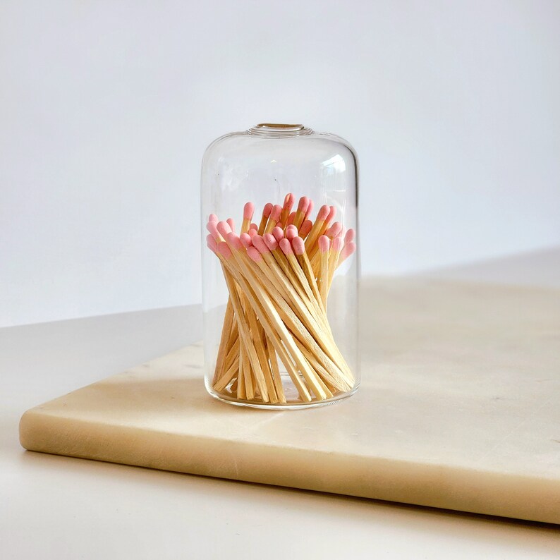 Small Glass Cloche With Pink Matches Valentines Gift Match Vessel Gift