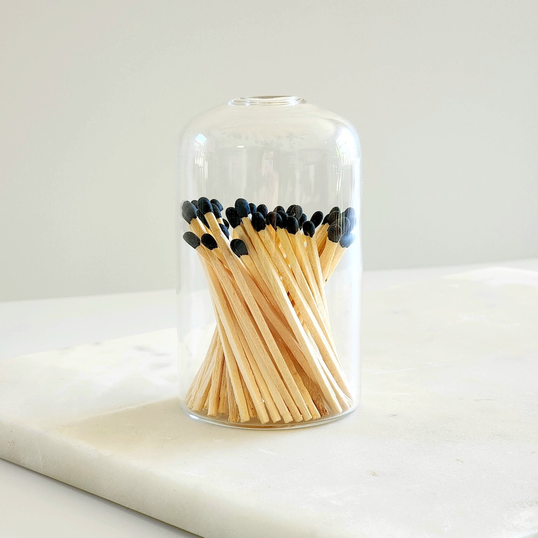 Small Glass Cloche With Black Matches Match Vessel Match Jar Glass Match Bottle Minimalist Decor