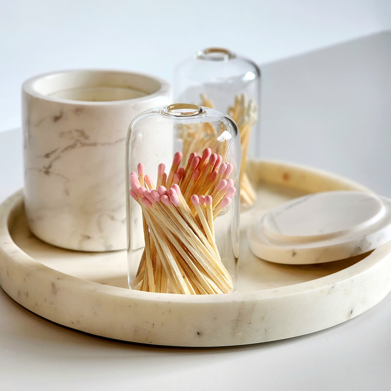 Small Glass Cloche With Pink Matches Valentines Gift Match Vessel Gift