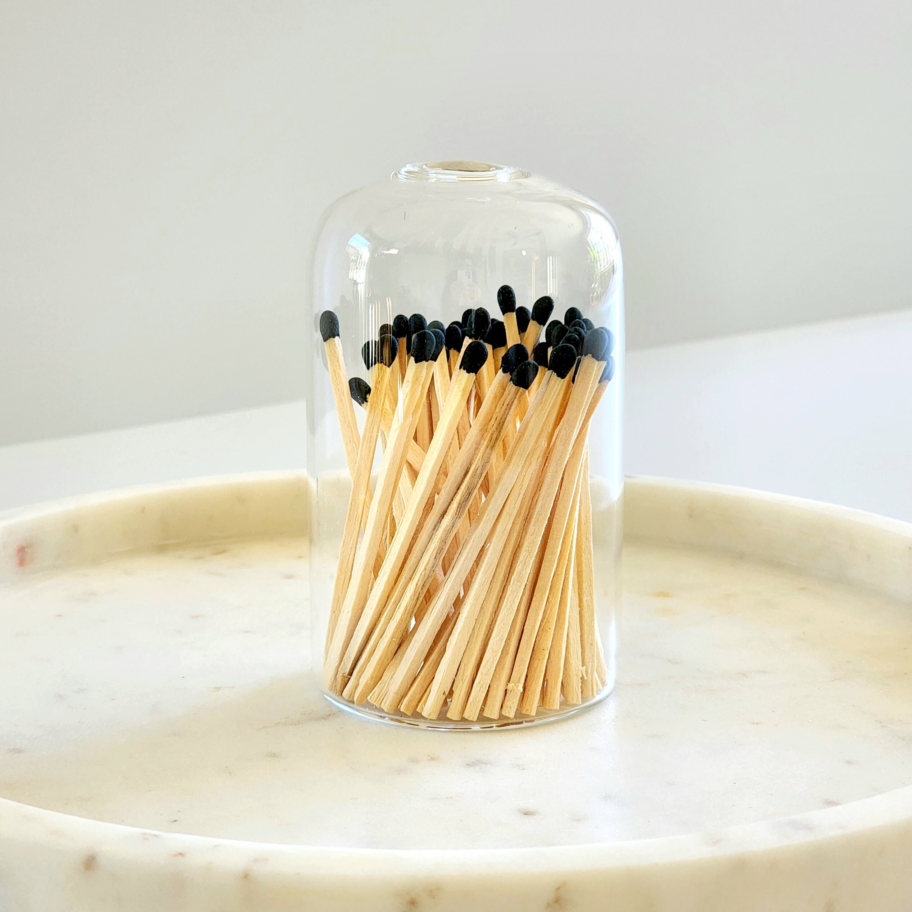 Small Glass Cloche With Black Matches Match Vessel Match Jar Glass Match Bottle Minimalist Decor