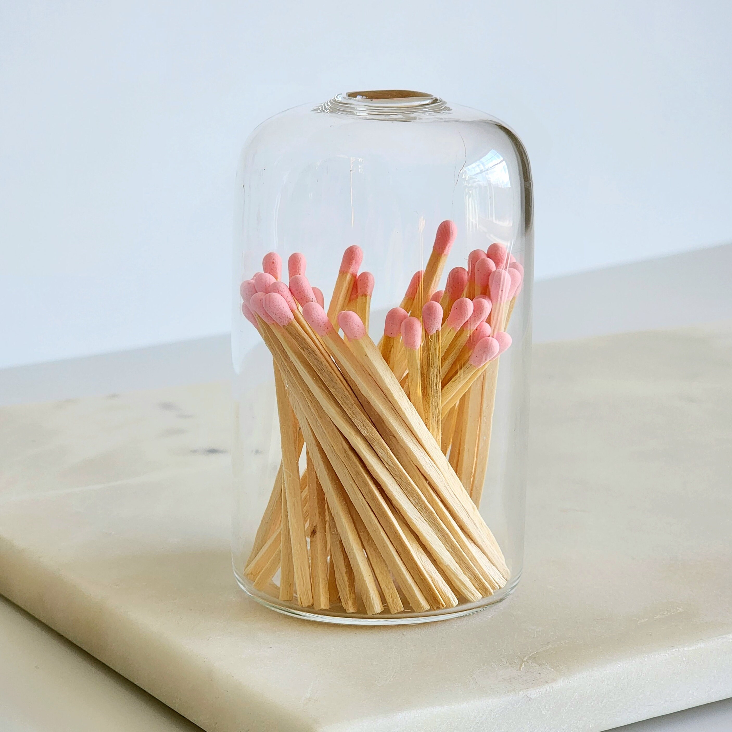 Small Glass Cloche With Pink Matches Valentines Gift Match Vessel Gift