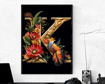 Letter K with Flowers, Beautiful Letter K, Printable Letter K, Letter K Wallart, Letter K Art, Letter K Poster, Letter K Download, Letter K