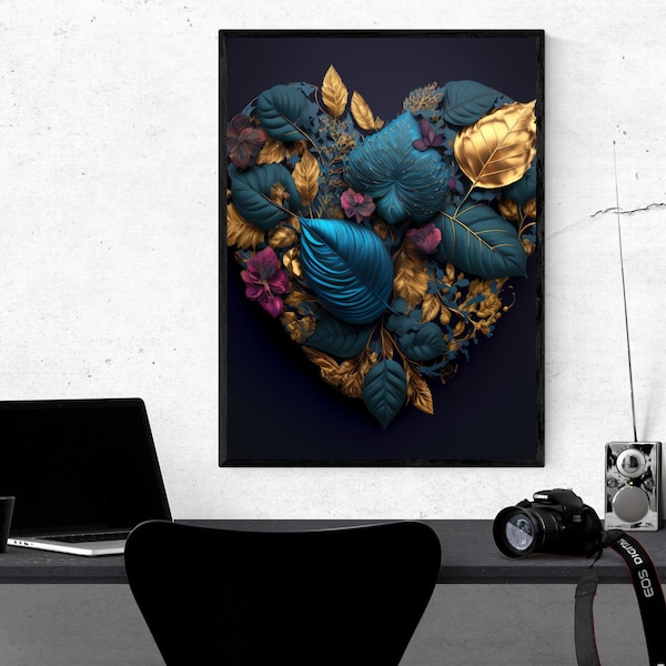 AI Art, Digital Flower Heart, AI Digital Fantasy Art, Unreal Art, Fantasy Poster Home Wand Dekor Geschenkidee, KI Kunst, Herz und Blumen