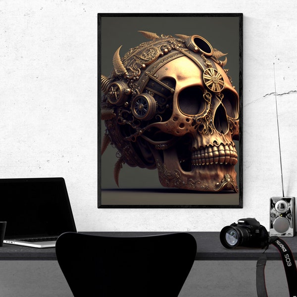 Midjourney AI Art, Steampunk Skull, AI Digital Fantasy Art, Unreal Art, Fantasy Poster Home Wand Dekor Geschenkidee, KI Kunst, Skull #2
