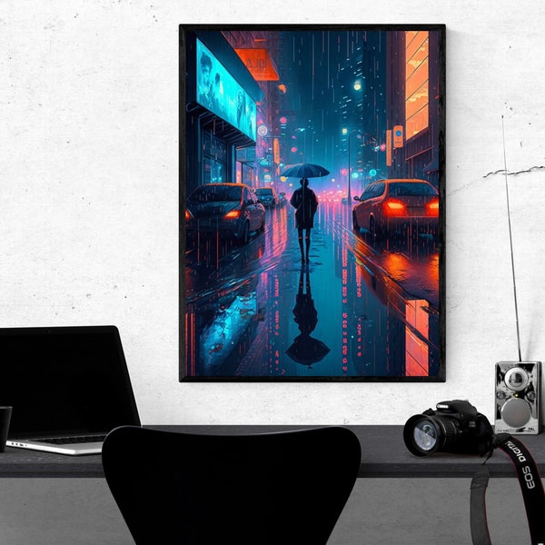 AI Art, Rainy City, AI Digital Fantasy Art, Unreal Art, Fantasy Poster Home Wand Dekor Geschenkidee, KI Kunst, Stadt, Regen, Digital Print