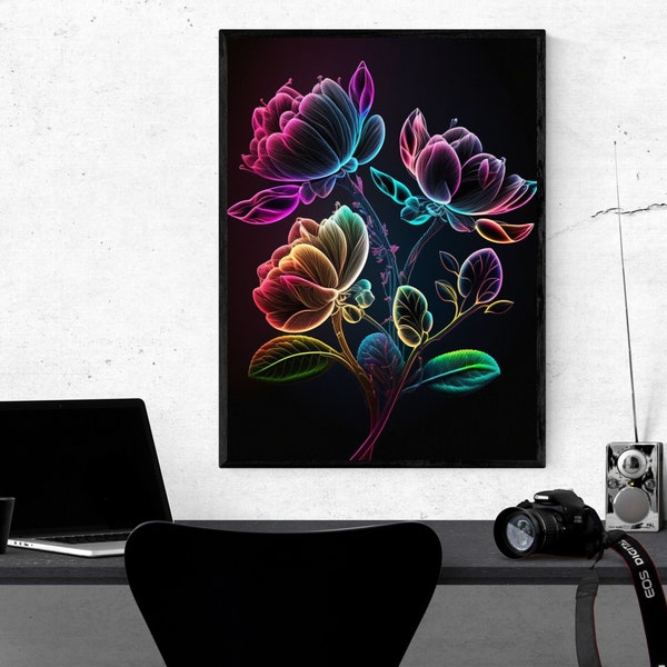 AI Art, Neon Flowers, AI Digital Fantasy Art, Unreal Art, Fantasy Poster Home Wand Dekor Geschenkidee, KI Kunst, Neon Blumen, Digital Print