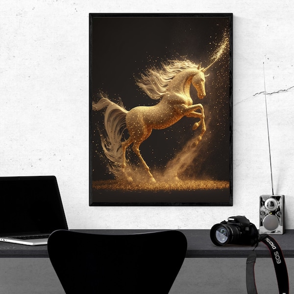 Golden Sparkkling Unicorn Design Art Wallart Poster, AI Digital Fantasy Art, Unreal Art, Fantasy Poster Home Dekor Giftidea, Digital Print