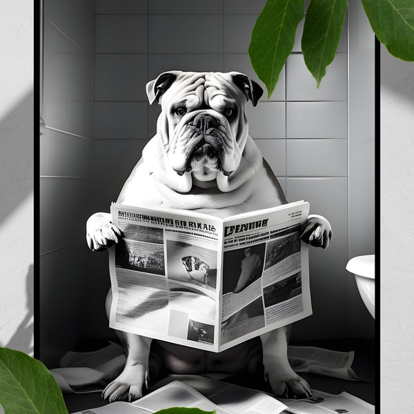 Bulldogge sitzt auf Toilette und liest Zeitung, lustige Badezimmer Wand Dekoration, Druckbar, Printable WallArt