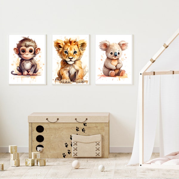 4er Set Wandbilder Safari Kinderzimmer zum selber Drucken | Süß und Neutral | Löwe, Zebra, Affe, Koala | Poster zum Drucken