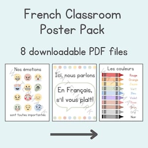 Peut inclure: Un ensemble de 8 affiches de classe en français imprimables. Les affiches présentent des illustrations colorées et du texte en français. Les affiches comprennent des sujets tels que les émotions, les couleurs et un message de bienvenue en français.
