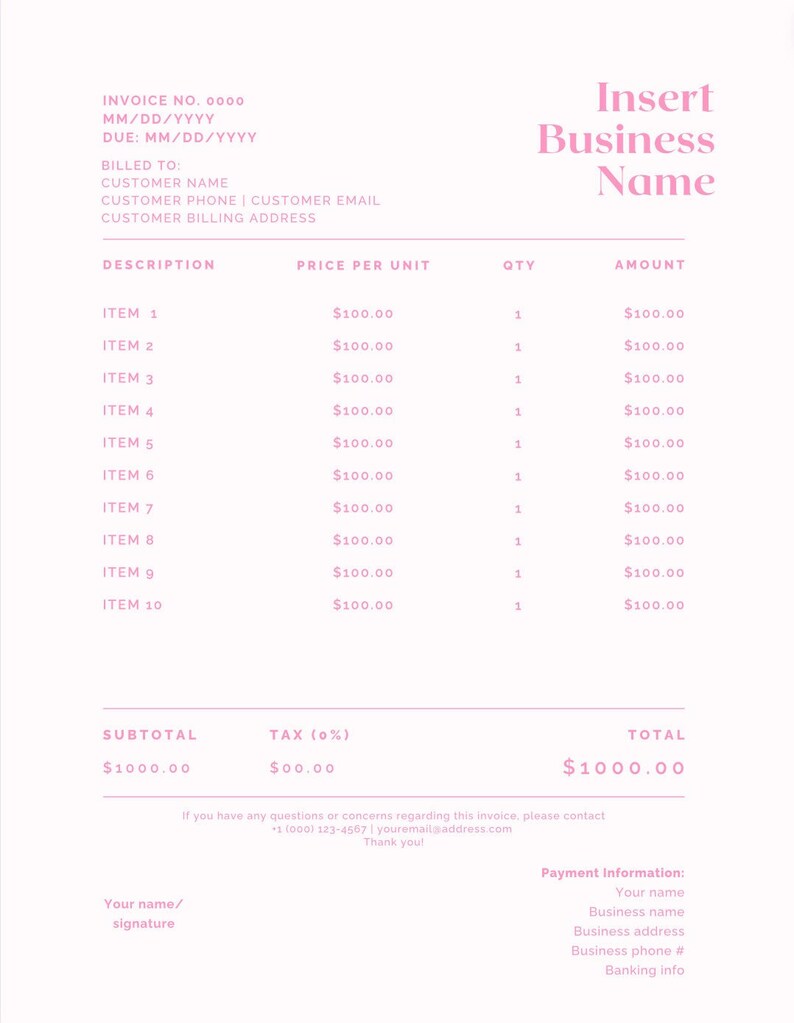 Invoice Template Canva - Pink - Etsy