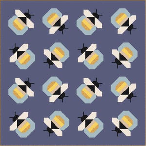May include: A quilt featuring a repeating pattern of stylized bees on a dark purple background. Each bee is constructed from geometric shapes in shades of yellow, black, white, and light blue, arranged in a grid of four rows and four columns.