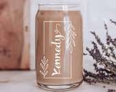 Personalized Flower Iced Coffee Can Shaped Cup, Custom Floral Beer Glass, 16oz Glass Cup With Lid, Holiday Gifts For Her, Bridesmaids Gift