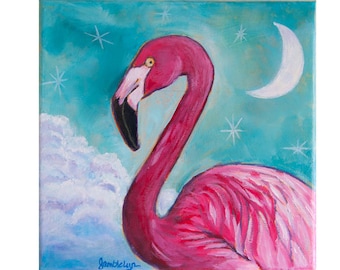 Moonlight Flamingo, Original Acrylic Painting on Canvas, 6” x 6”, coastal, bright, gamble lyn mccown