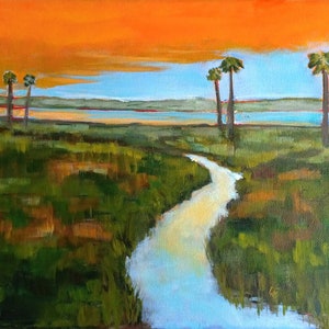 Sunset on Marsh with Stream, Original Acrylic Painting on Canvas, 12” x 9” tropical, marshland, gamble lyn mccown