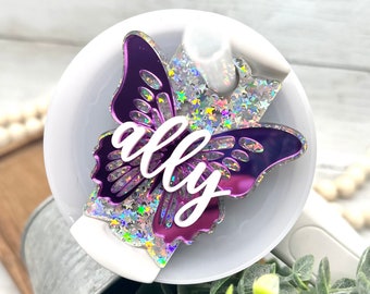 Custom Butterfly Tumbler Name Tag 20, 30 or 40 oz, Glitter Name Topper with Stars,  Personalized Tumbler Decoration, Acrylic Name Plate