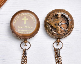 First Communion Gift Engraved Compass, Confirmation Gift for Nephew,  Baptism Gift for Godson, Religious Gift for Son