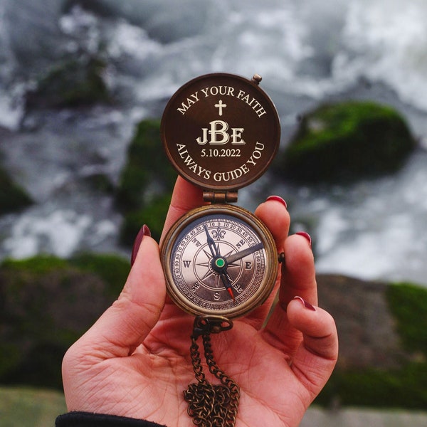 Unique Confirmation Compass Gifts for Boys, Custom Engraved Spiritual Keepsakes, Baptism gifts for godson, Gifts for grandson,Religious gift