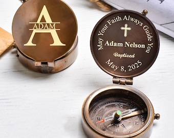 Personalized Baptism Compass Gift – Photo or Handwriting Engraved Working Brass Keepsake