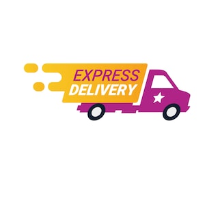 May include: A pink delivery truck with a yellow banner that says "EXPRESS DELIVERY" and a star on the side. The truck is moving quickly, as indicated by the yellow blur behind it.