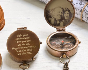 Personalized Engraved Photo Compass, Anniversary Gift for Him