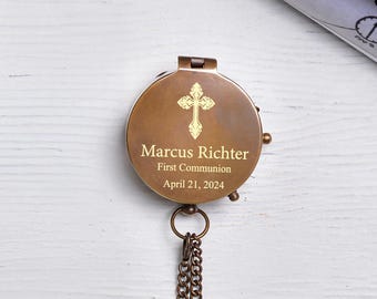 Engraved Brass Compass: First Communion, Baptism, Confirmation Gift