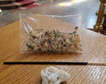 CodruD Parfums, Nox Cathedral Resin Incense Set (Frankincense and Thyme) with vanilla incense stick and quartz geode piece