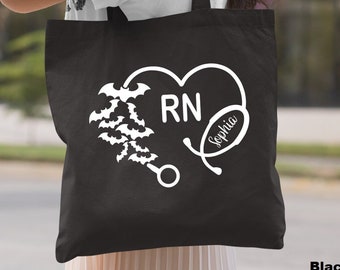Personalized Halloween RN Bag, Registered Nurse Halloween Bag, Trendy Halloween Gift, Bat Nurse Gift, Custom Nurse Tote Bag, Hello Halloween
