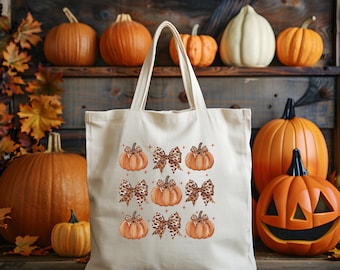 Pumpkins Tote Bag, Autumn Bag, Reusable Fall Farmer’s Bag, Autumn Coquette Pumpkin Vibes, Fall Gift Bag, Fall Pumpkin Bow Tote Bag