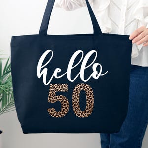Hello 50 Birthday Gift Bag for Her, 50th Birthday Bags, Mom Gift Bag, Fun and Stylish Party Bags, Canvas Bag, 50th birthday gifts for women